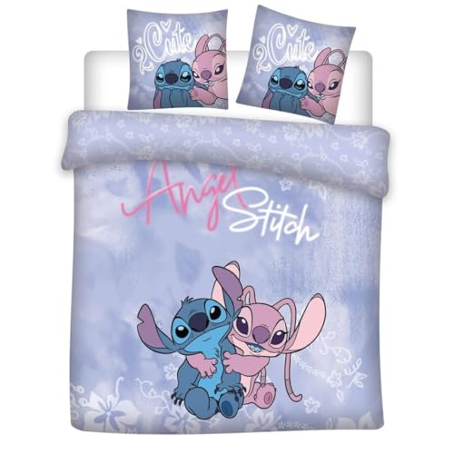Aymax Parure de Lit Angel & Stitch Double 2 Personnes, Housse de Couette Réversible 200x200 cm + 2 Taies d'oreiller 65x65 cm, Polycoton, Design Officiel
