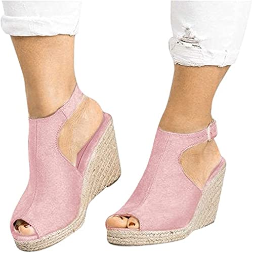 Aniywn Women's Espadrille Platform Heeled Wedges Sandals Ankle Strap Slingback High Heel Dress Shoes Summer Open Toe Wedges Pink
