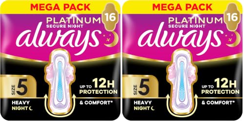 Image of Always Platinum Secure Night Extra (Size 5) Sanitary Towels with Wings 16 Pads (Pack of 2)