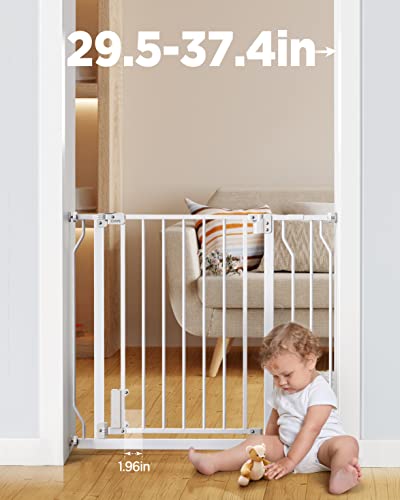 Ciays Baby Gate 29.5” To 37.4”, 30-In Height Extra Wide Dog Gate For Stairs, Doorways And House, Auto-Close Safety Metal Pet Gate For Dogs With Alarm, Pressure Mounted,White White #TOP1
