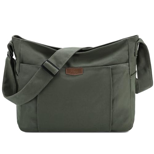 Kasgo Bolsa Bandolera de Lona, Bolso de Hombro Grande para Hombre Mujer Bolso Tela Ligera Bolso Crossbody Casual Bolsa Cruzado Mensajero para Escuela Viaje Trabajo, Verde