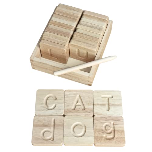 Image of Montessori Wooden Alphabet Tiles Set – Tracing Letters for Kids | Double-Sided ABC Flash Cards (Uppercase & Lowercase) | Includes Stylus Pen & Storage Box | 26-Piece Educational Toy