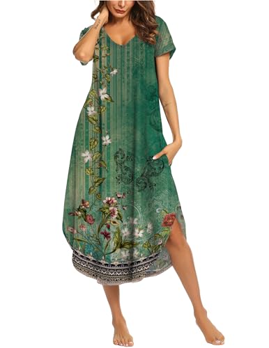 Image of Ekouaer Long Nightgowns for Women Short Sleeve House Dress with Pockets V Neck Sleepshirts Side Split Sleepwear S-4XL