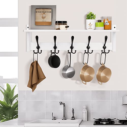 Homode Wall Shelf With Hooks, 24 Inch Coat Rack With Shelf, Farmhouse Entryway Floating Shelf With Tri Hooks, Coat Hanger With Storage For Bathroom, Entry Way, Mudroom, White #TOP6