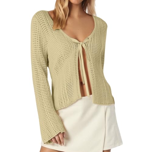 Cárdigan Casual para Mujer Y2K Frente Abierto Recorte Cardigans Manga Larga Color Sólido Acanalado Jersey Sólido Bolero Tops Suave Cómodo Transpirable Top, O beige., Talla única