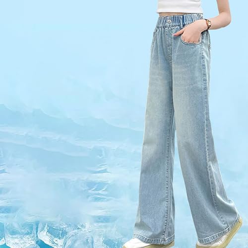 Baggy Jeans for Teen Girls Elastic Waist Wide Leg Solid Denim Pants Casual Lightweight Trousers with Pocket4