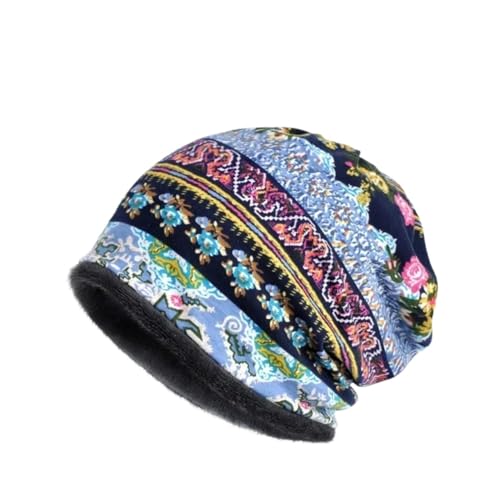 Bohemian Ethnic Floral Print Striped Warm and Soft Winter Windproof Ear Outdoor ski caps for Both Men and Women