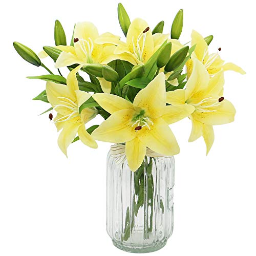 Olrla 6 Lis Artificielle Bouquets de Fleurs en Vrac, PU Vraie Touche Faux Fleur Lys pour Bureau de soirée de Mariage décor, Table Centerpiece (Jaune, 6) Cover