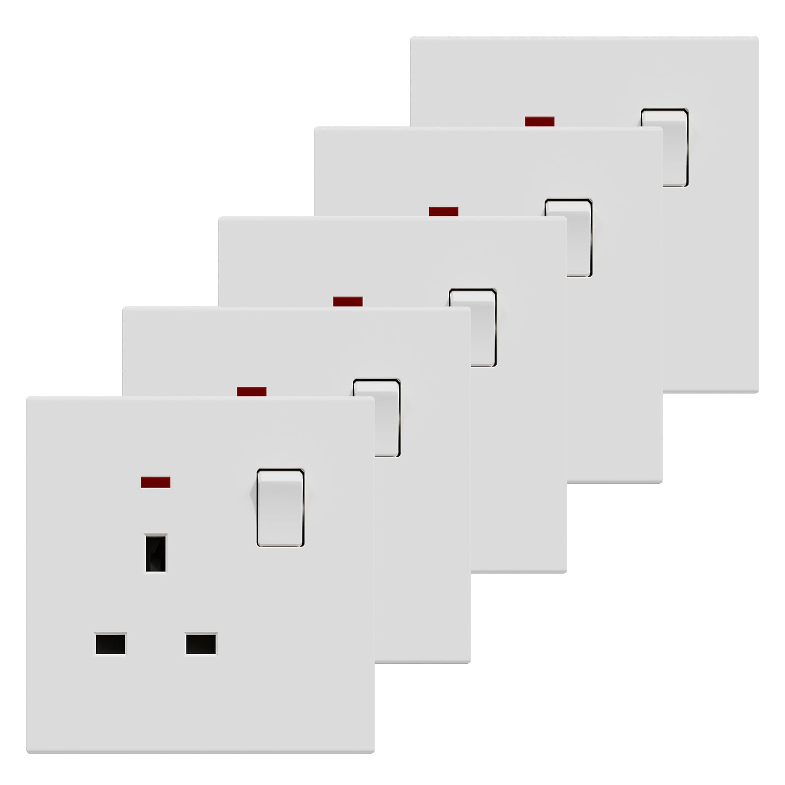 BSEED Single Socket 5 Pack, Electrical Single Switched Power Plug Wall Socket with LED Indicator, PC Wall Plate Outlet, White, 13A