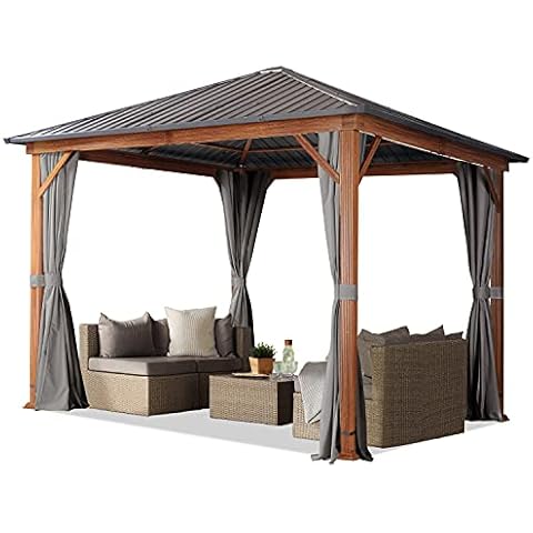 TOOLPORT Garden gazebo 3x3 m wood finish, steel roof hardtop 4 side panels in grey Cover