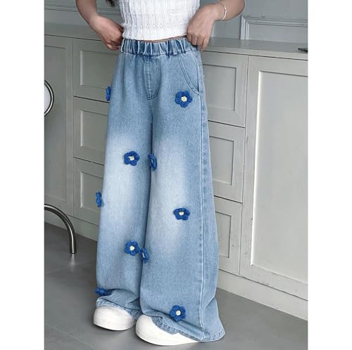 Girl's Adorable Floral Elastic Waist Wide Leg Denim Pants for Ages 10-123