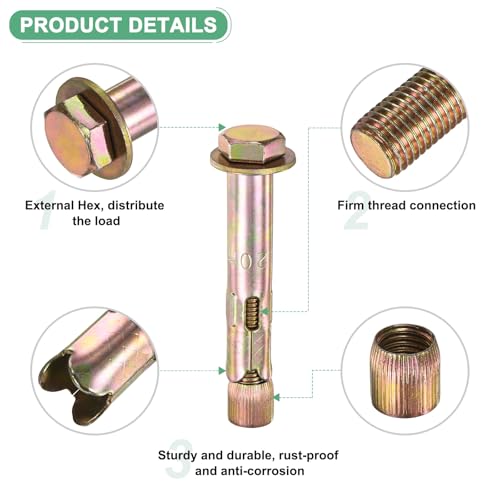 Image of M METERXITY 5-Pack Hex Expansion Bolt, M16x120mm Colored Galvanized Iron-Carbon Steel External Hex Expansion Bolts, Anti-Corrosion Metal Bolt for Concrete /Dry Brick /Block Walls