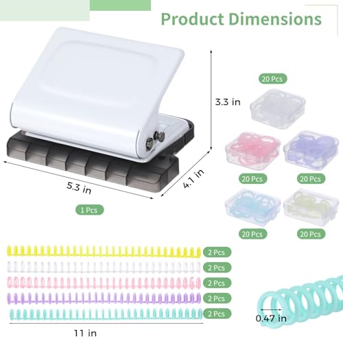 YOFAPA 10-Loch-Bindemaschinen-Kit, manuelles Bindesystem mit 10 St. Loseblatt-Binderücken & 100 St. Binderingen, Bindemaschine für Planer, 26 Löcher auf B5, 30 Löcher auf A4, 20 Löcher auf A5 (White)