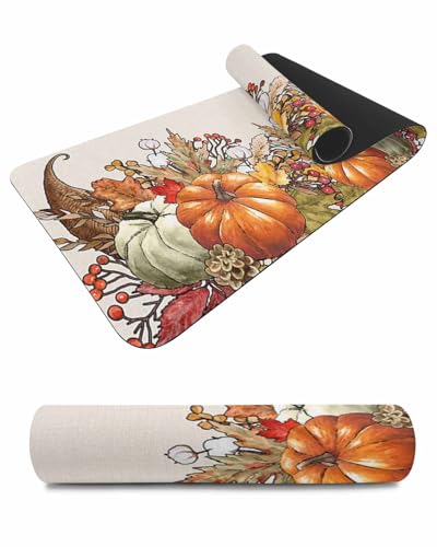 Debedcor Heat Proof Table Pads Waterproof Decorative, Orange Pumpkin Fall Non-Slip Table Countertop Protector, Rustic Botanical Bouquet Burlap Insulation Mat for Kitchen Room, 40 x 12 Inches