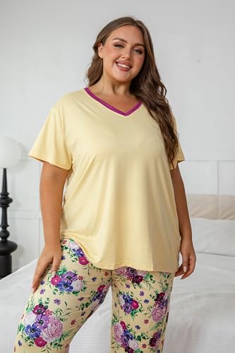 Image of Vozanet Women's Pajama Sets Short Sleeve with Long Pant Soft Sleepwear Printed pj Loungewear With TWO Pockets Size 1X to 5X