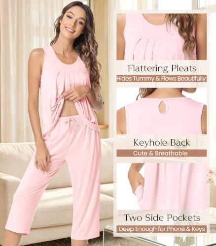 Image of NACHILA Pajamas for Women-Viscose Made from Bamboo, Sleeveless Pjs Tank Top Capri Pants Pajama Sets Cooling Sleepwear