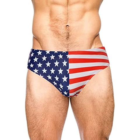 PJ PAUL JONES Men's Swim Brief Denim Print Swim Trunks Drawstring Waist Swimsuit Bikini Briefs, American Flag, X-Large Cover