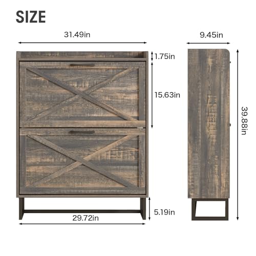 Maupvit Shoe Storage Cabinet With 2 Flip Drawers, Freestanding Organizer With Metal Legs For Entryway, Narrow Shoe Rack Cabinet, Dark Rustic Oak thumb #1
