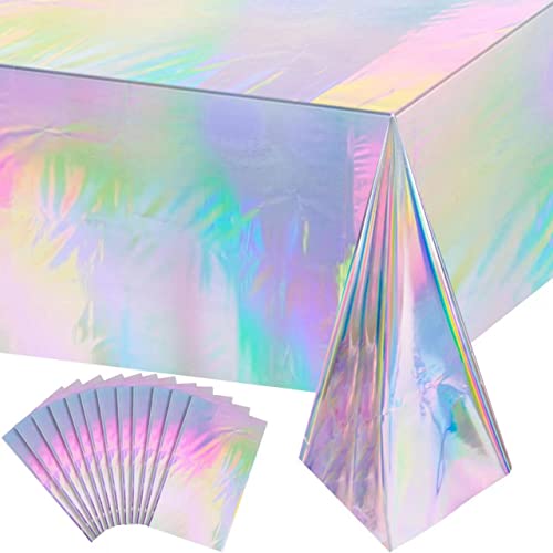 Image of 12 Pack Iridescence Plastic Tablecloths Shiny Disposable Laser Rectangle Table Covers Holographic Foil Tablecloth Iridescent Party Decoration Birthday Bridal Wedding Christmas 54 inch x 108 inch(Laser)