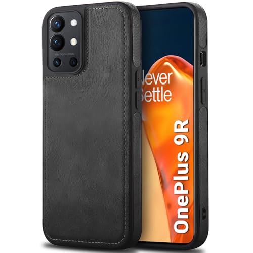 Image of TheGiftKart Genuine Leather Finish Back Cover Case for OnePlus 9R 5G|Shockproof Design|Raised Edges for Camera & Screen Protection|Stunning Minimalist Design Back Cover for OnePlus 9R, Black