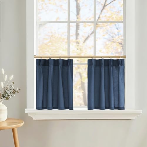NICETOWN Pinch Pleated Linen Kitchen Curtains 24 Inches Long, 2 Panels Set Navy Blue Farmhouse Light Filtering Short Curtains for Cafe Bar Living Room