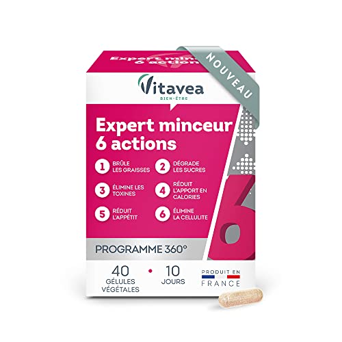 VITAVEA BIEN-ETRE Expert Minceur 6 actions en 1 - Complément Alimentaire Minceur, Cellulite, Contrôle du poids, Elimination - Thé vert Guarana Gymnéma 40 gélules Cure 10 Jours Fabriqué en France