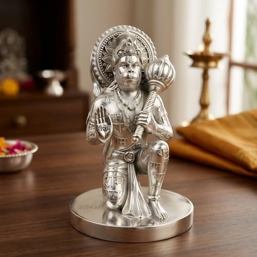 Image of Hanuman Ji Murti for Car Dashboard - 4 Inch Silver Polyresin Idol | Bajrangbali Statue for Home, Office & Mandir | Spiritual Showpiece | Housewarming, Birthday, Diwali Gift