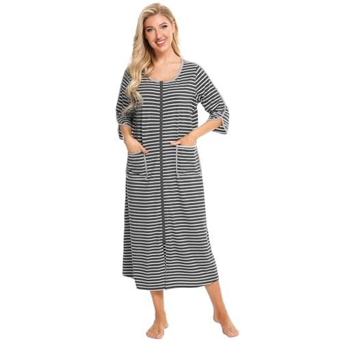 RONGTAI Housecoats for Women Zipper Front 3/4 Sleeve Summer Robe Loose Full Length Loungewear Long Dark Gray Stripe Nightgown with Pockets S