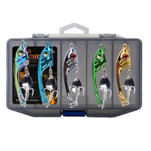 5 Stück Angelköder Barschköder 10g/15g Jig Spinner Set in Köderbox für Süß- und Salzwasser Metall Raubfischköder für Barsch Hecht Zander Döbel Forelle Wobbler