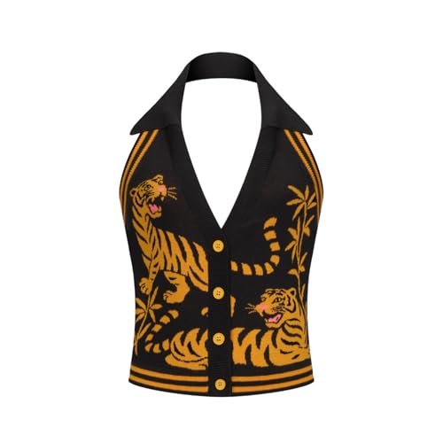 OXKnit Knit Vest Tops for Women Retro Yellow Tiger Pattern Black Sleeveless Button Down Cotton Tank Summer Outfits
