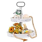 YGEOMER Tiered Tray Stand, Tiered Tray Decor Wood Farmhouse Two Tiered Tray for Home Kitchen Office Bar Party Easter Decoration, White