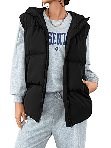 Sweatyrocks Women's Sleeveless Hooded Puffer Coat Casual Full Zip Vest Jacket Outerwear Black L #TOP17