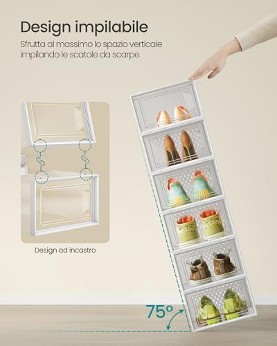 SONGMICS Scatole per Scarpe, Contenitori per Scarpe, Organizzatori Portascarpe Pieghevoli e Impilabili, Fino alla Taglia 43, Set di 12, Trasparente e Bianco Nuvola LSP066W12 - Immagine 2
