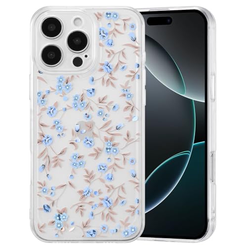 Housse iPhone 16 Pro Max fleurie jolie idée cadeau de coque esthétique bleu