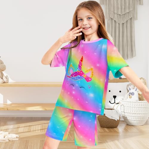 Nidoul Girls Pajamas Tie Dye Mermaid Unicorn Summer Pjs Short Sleeve 2 Piece Sleepwear Toddler Girls Kids Nightwear 3T-103