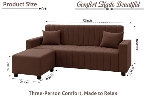 Image of Amazon Brand - Solimo 3 Seater Wooden Sofa with Ottoman | Velvet Fabric Sofa Set for Living Room | Comfortable Cushioned Couch with Footstool | Stylish Home Furniture-Brown