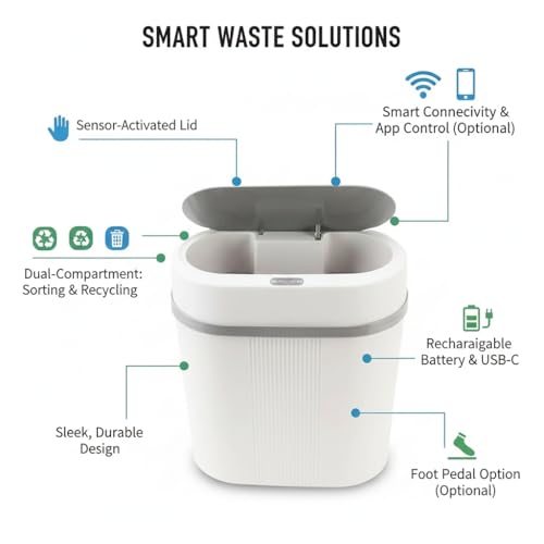 Image of Owme Motion Sensor Smart Trash Bin For Home 15L | Motion Sensor Open-Top Bin Lid | Durable Odor Control Covered Waste Trash Can | Smart Automatic Garbage Dustbin with Large Capacity - GREY