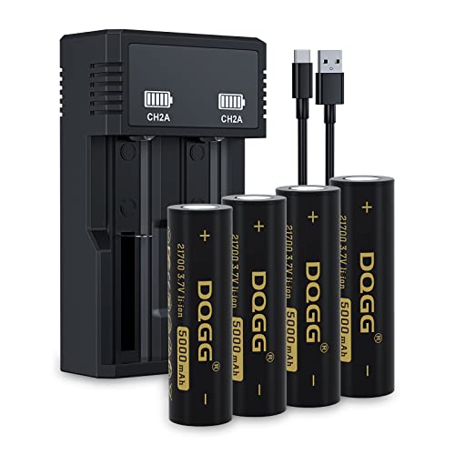 MLGBDC 4 Pack 21700 Battery 5000mAh High Capacity 3.7volt Flat Top Li-ion Battery 21700 Rechargeable Batteries(Black, with 1 Battery Charger)