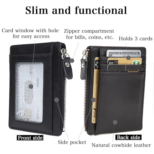 Shoebill Slim Minimalist Leather Wallet – Zipper Card Holder with ID Window, Compact Front Pocket Wallet for Men & Women (Black)3