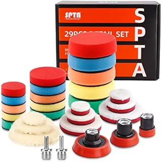SPTA 29pcs 25mm/50mm/80mm Polishing Pads Drill Buffing Pad Detail Polishing Pad Compound Kit with M14 Thread Backing pad & Adapters for Car Sanding, Polishing, Waxing, Sealing Glaze