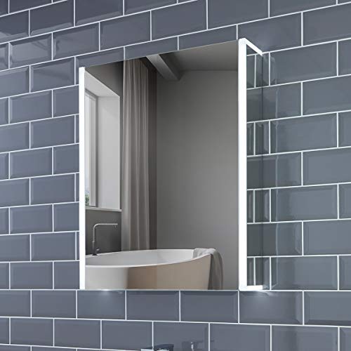 Pebble Grey Illuminated Bluetooth Bathroom Cabinets with Mirror 564x700mm IP44 Rated - Grace Fully Assembled Bluetooth LED Bathroom Mirror Cabinet with Shaver Socket, Demister Pad, & Motion Sensor