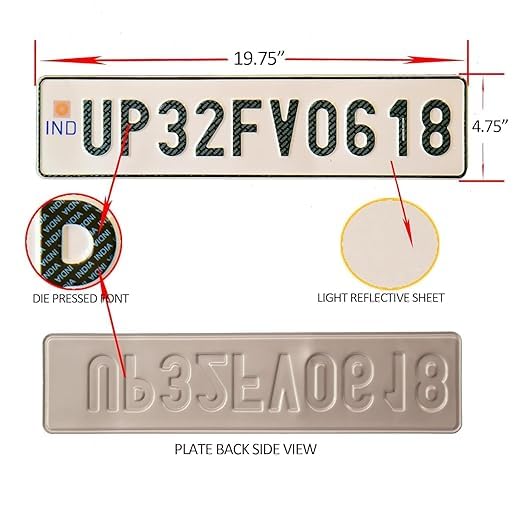 Image of Car Number Plate Set | Die-Pressed | IND Font & Hologram | Non-HSRP | Radium White | Front & Rear Plates 19.75 Inch Plates.