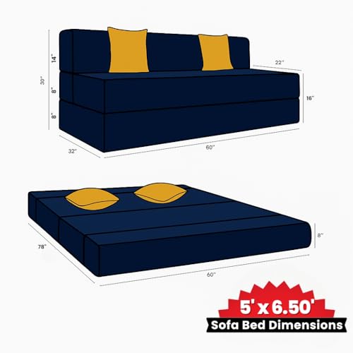 Image of CELLBELL Comfy Sofa Cum Bed 5x6.5 Feet | Foldable Dual Use Couch Bed with Soft Cushions, Washable Fabric Cover & Sturdy Frame | Space Saving Modern Design for Living Room, Bedroom Use (Navy Blue)