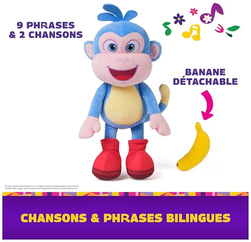 Dora - Peluche Interactive Babouche - Figurine Interactive 35 Cm - Peluche Singe avec Accessoire Banane - 2 Chansons 9 Répliques - Dessin Animé Jouet Maison De Poupée - Jouet Enfant 3 Ans Et +