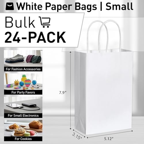 Image of SUNCOLOR White Gift Bags, 24 Pack 8 inch Small Kraft Paper Bags with Handles for Party Favors, Wedding, Birthday Treats