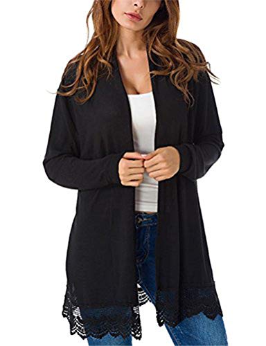 Myobe Women's Elegant Black Lacy Splicing Sweater Cardigan Long Sleeve Open Front Knitted Cardigan Plus Size Cover Up (Black, S)