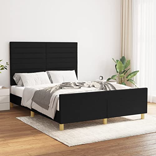 Yunovire Estructura de cama de tela negra 140 x 190 cm, cabecero de altura ajustable, somier de láminas de madera maciza, patas de apoyo estables, muebles de dormitorio modernos, funda transpirable
