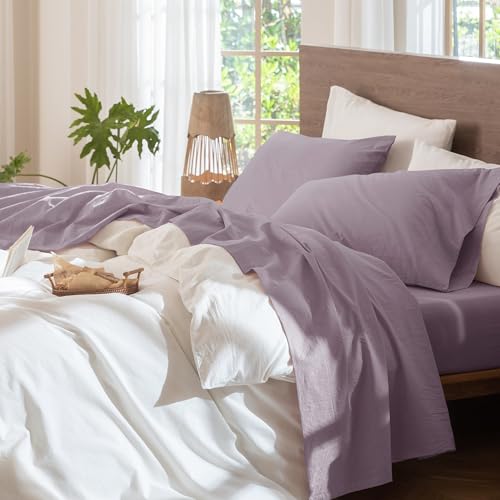 Image of MooMee Sheet Set 100% Washed Cotton Linen-Like Extra Deep Pocket Queen | Relaxed Linen-like Texture. Soft, Breathable & Lightweight Comfort. 15-19 inch Extra Deep Pocket with All-around Elastic