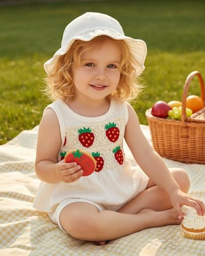 SODLON Toddler Girl Clothes 18-24 Months Baby Ruffle Sleeveless Cream Strawberry Crochet Tank Top Infant Shorts Sets with Hat Cute Gifts Beach Summer Outfits Clothing