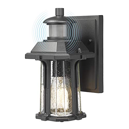 Promo 40% OFF FEMILA Dusk to Dawn Wall Sconce, Outdoor Motion Sensor Wall Lantern, Exterior Waterproof Matte Black Wall Mount Lamp with Seeded Glass Shade for Porch, Entryway, Doorway, 4FW24B-SE BK